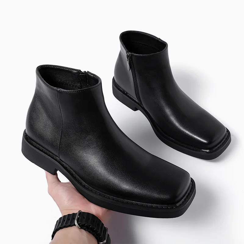 Men'S Shoes Hugo Boss - 黒の新ファッション男性カジュアル革靴秋冬ドレスアンクルブーツヴィンテージ英国ビジネススクエアトゥチェルシーブーツ