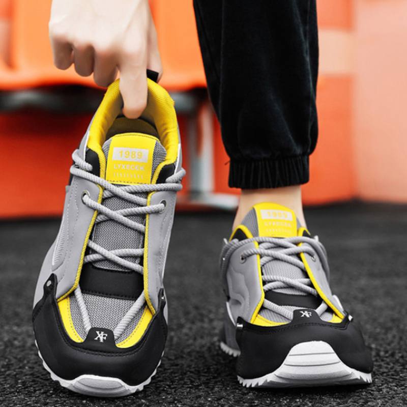 Men'S Shoes Yellow And Black - グレー、黒、黄色のチャンキーダッドスニーカー、レトロなパッチワークカジュアルシューズ、通気性のあるメッシュとレザーのプラットフォームトレーナー、デイリーウェア