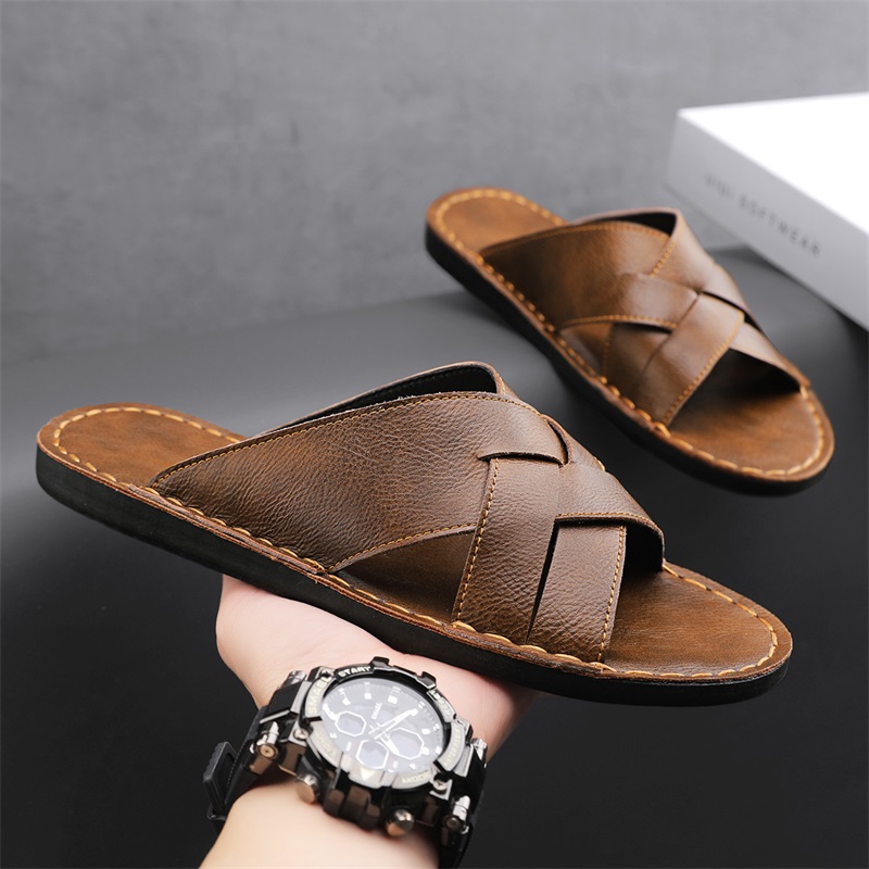 Men'S Shoes Hugo Boss - 本革メンズカジュアルサンダル夏メンズスリッパ屋外通気性ビーチシューズ快適なフラット男性フリップフロップサイズ 48