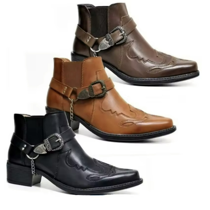 Men'S Shoes Hugo Boss - 手作りメンズブーツヴィンテージカウボーイブーツレザーハイトップカジュアルシューズバックルストラップパンクシューズポインテッドトゥ男性オートバイブーツ