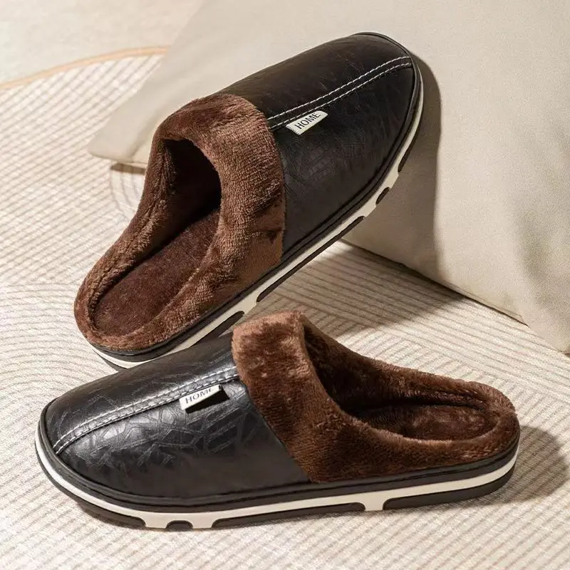 Men'S Shoes Hugo Boss - メンズビッグサイズ冬用スリッパ室内PUレザー家庭用防水ふわふわカジュアルスライドメンズ寝室用快適シューズハウスシューズ