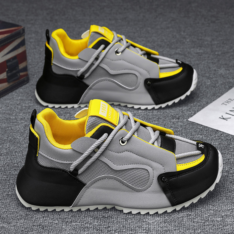 グレー、黒、黄色のチャンキーダッドスニーカー、レトロなパッチ - Men'S Shoes Yellow And Black のレビューと価格