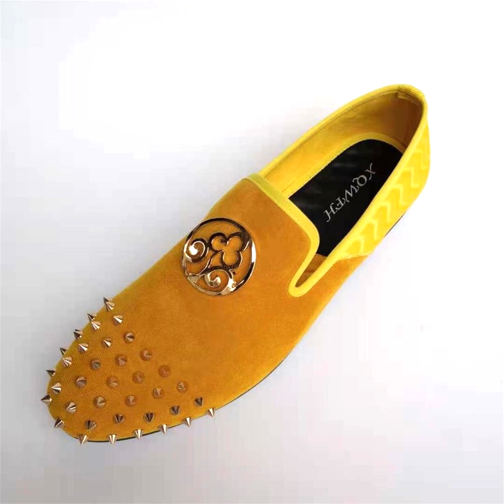 Xqwfh-男性用の手作りの黄色い革の靴,金属と革のボタンが - Men'S Shoes Yellow And Black のレビューと価格