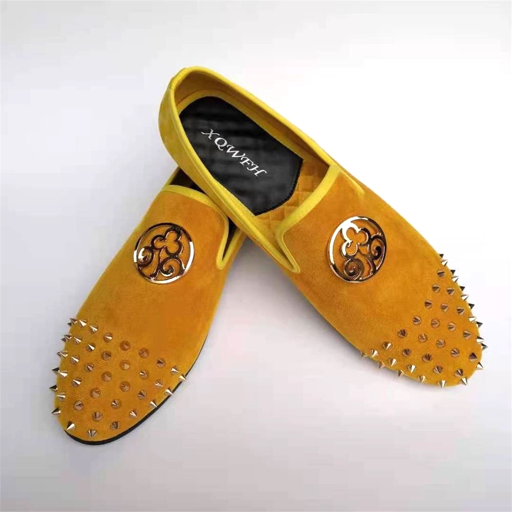 Xqwfh-男性用の手作りの黄色い革の靴,金属と革のボタンが - Men'S Shoes Yellow And Black のレビューと価格