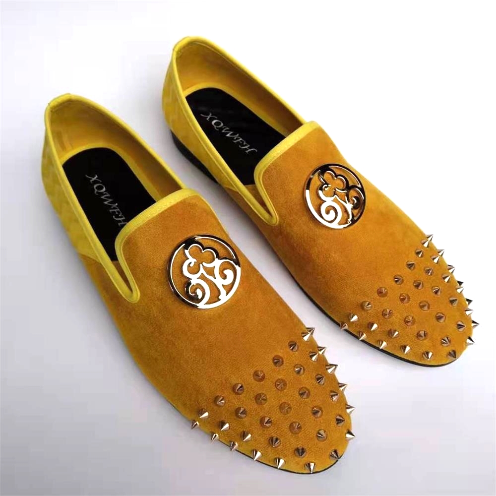 Xqwfh-男性用の手作りの黄色い革の靴,金属と革のボタンが - Men'S Shoes Yellow And Black のレビューと価格